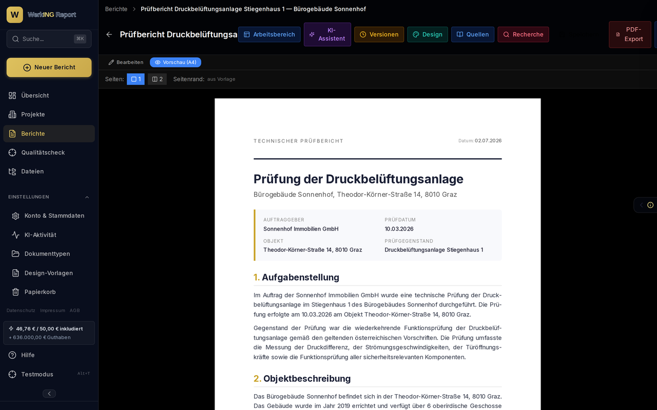 Überarbeiteter Bericht in der A4-Vorschau, im eigenen Layout