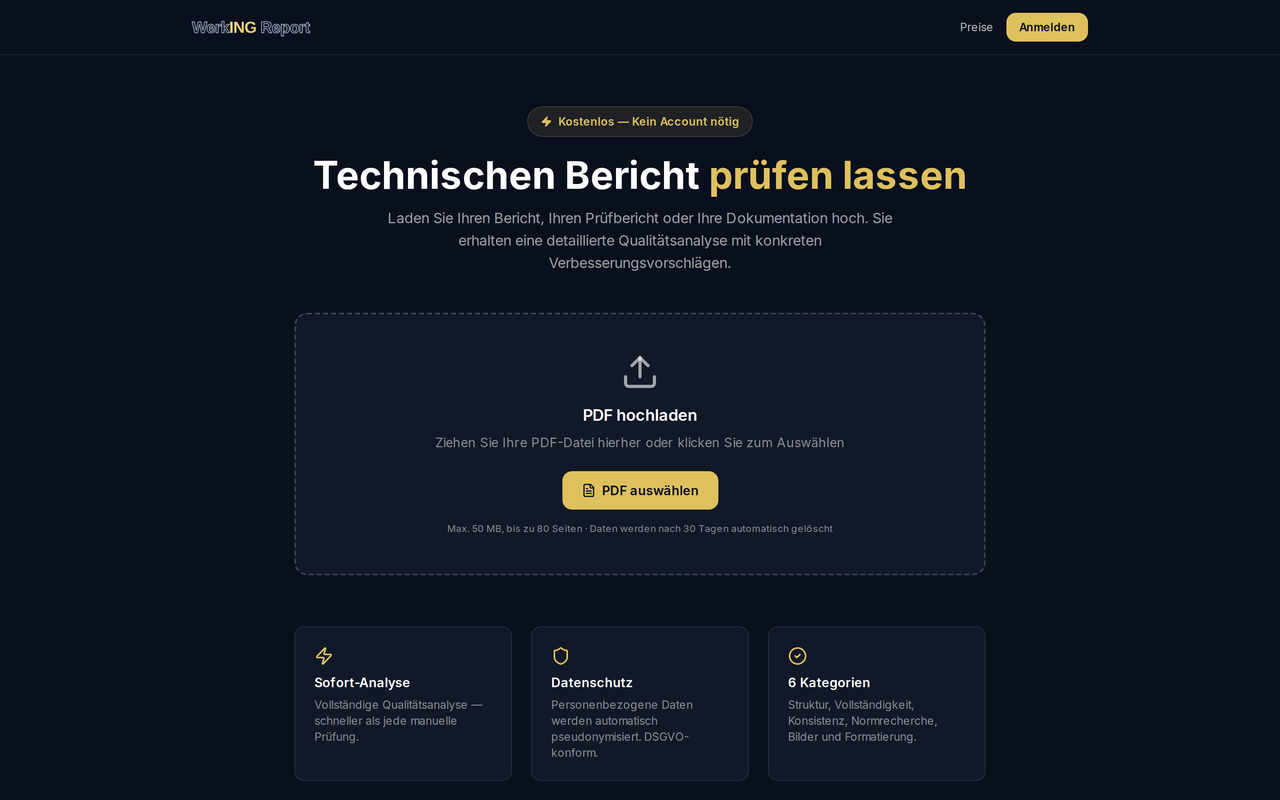 WerkING Check — Bericht als PDF hochladen, ohne Account